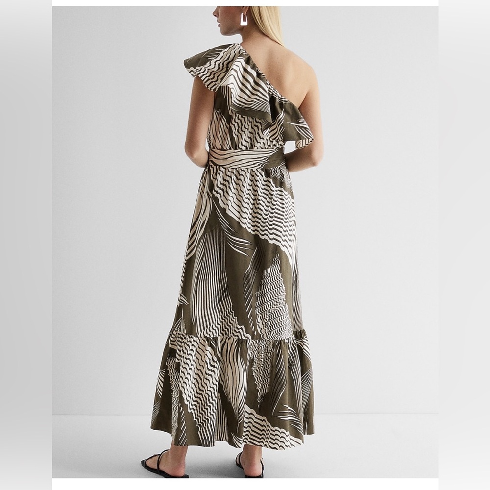 Express Olive and White One-Shoulder Maxi Dress - Picture 2 of 16